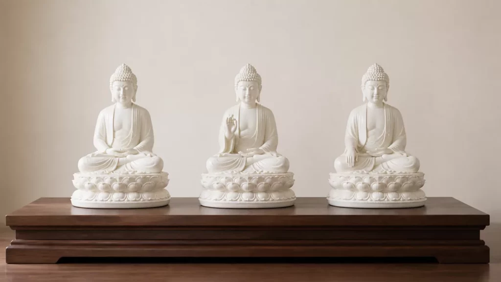 Ba tượng Phật màu trắng đồng bộ trên bệ gỗ rộng