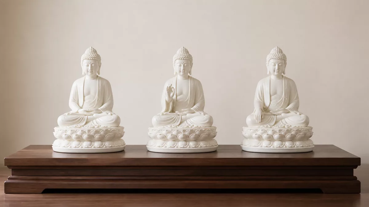 Ba tượng Phật màu trắng đồng bộ trên bệ gỗ rộng