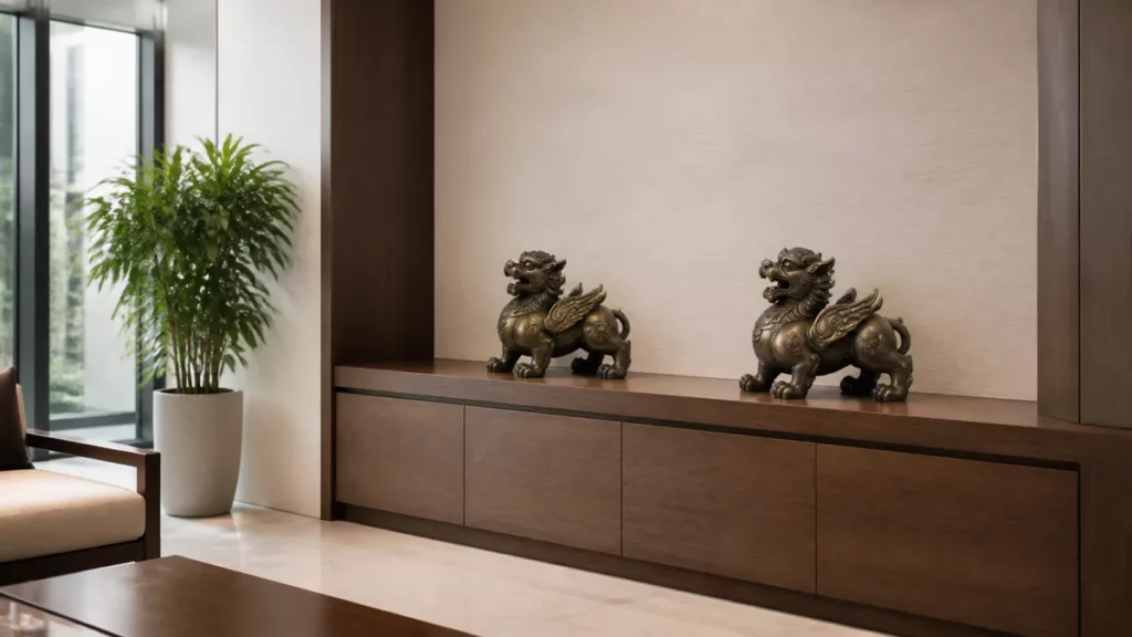 Hai tượng Tỳ Hưu đồng giống nhau đặt cân đối trên tủ gỗ rộng và chắc chắn