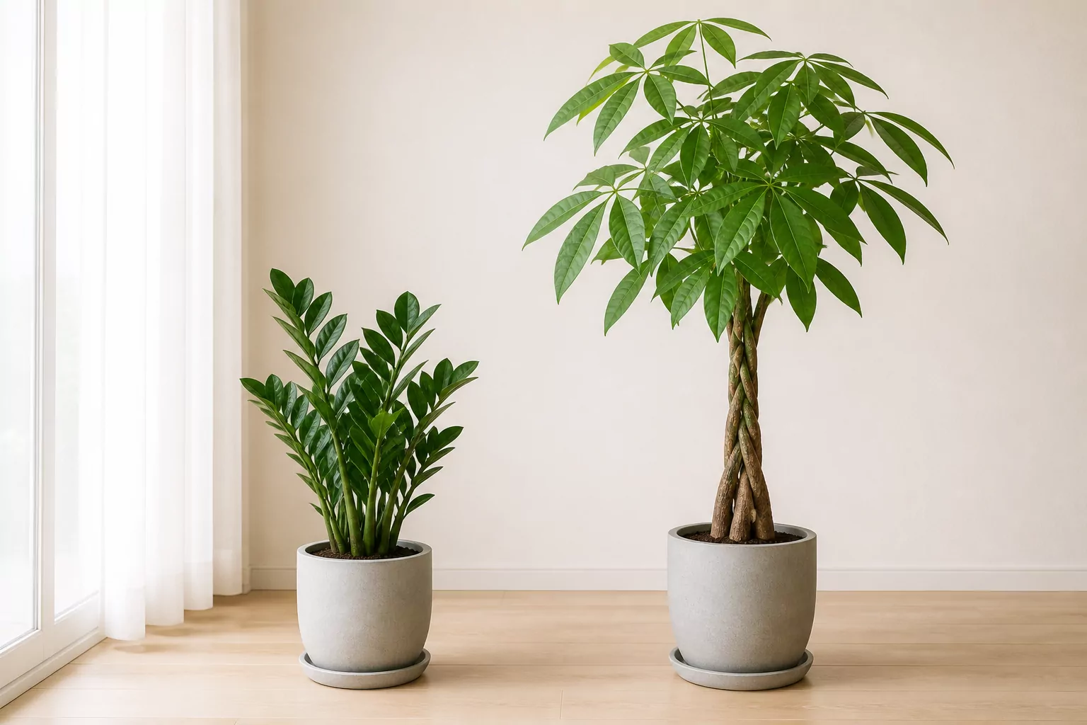 Cây Kim Tiền và Kim Ngân đặt cạnh nhau để so sánh hình dáng
