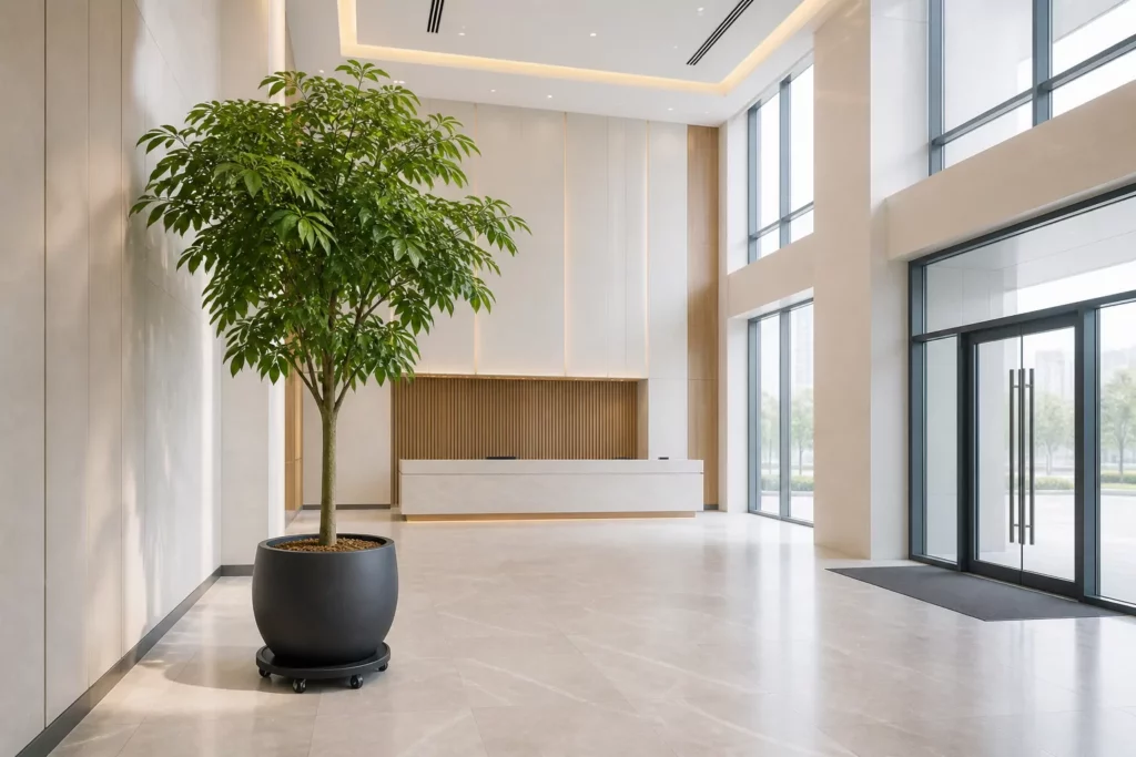 Cây lớn đặt trong sảnh cao và không cản cửa hay lối đi
