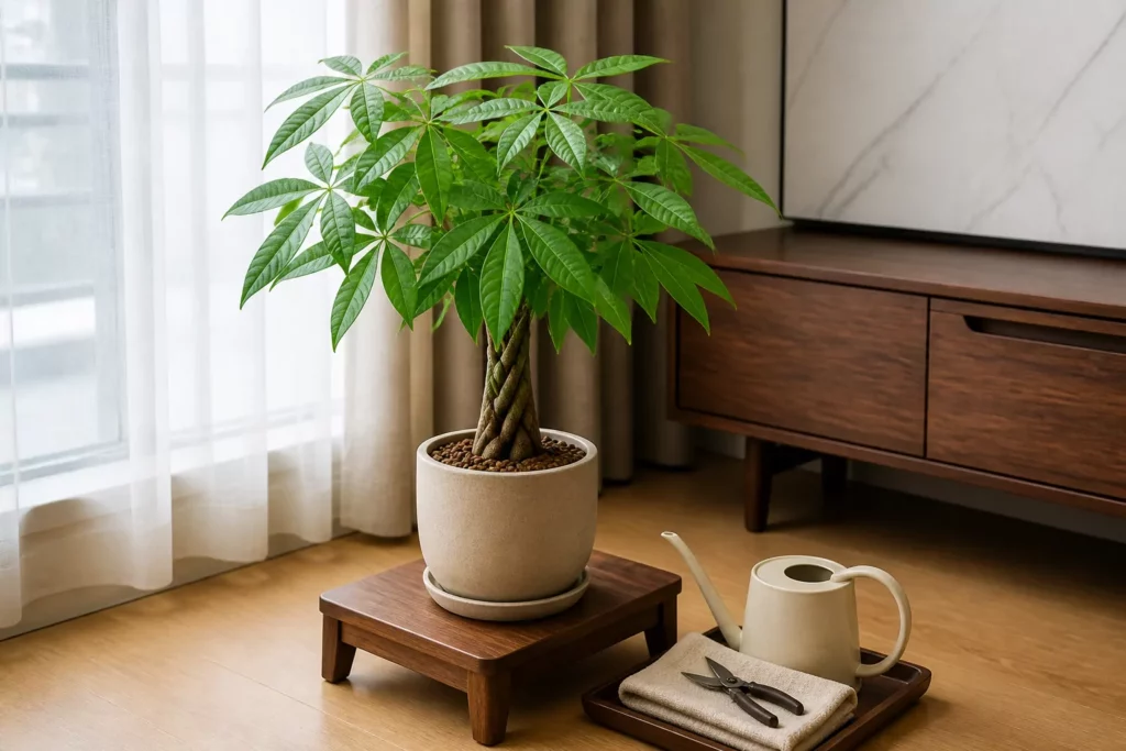 Cây Kim Ngân khỏe mạnh đặt gần cửa sổ cùng dụng cụ chăm sóc gọn gàng