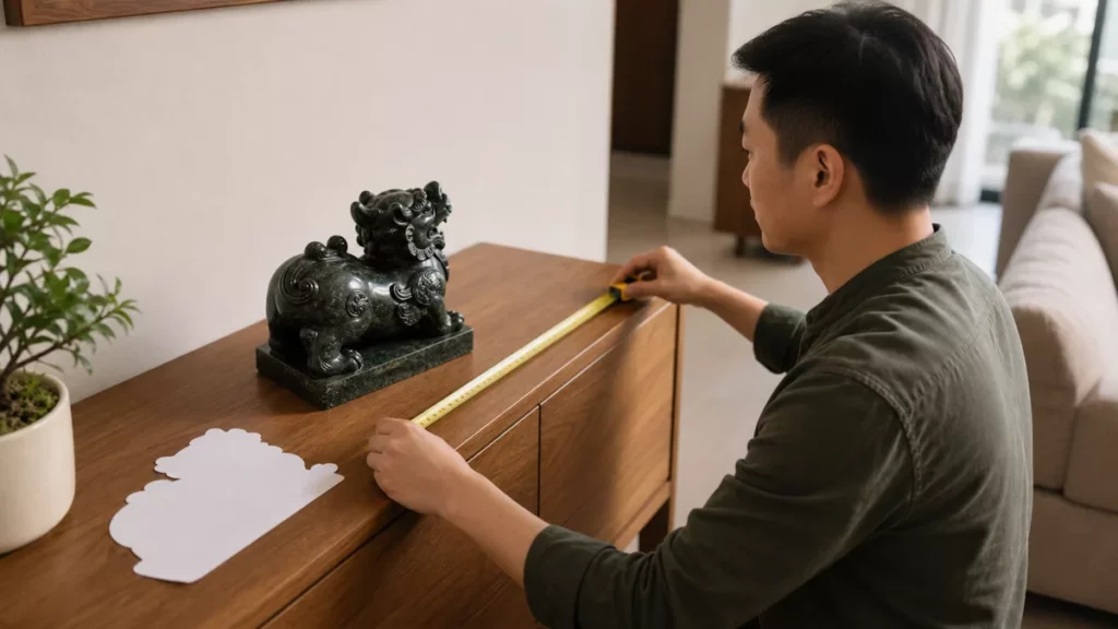Người đo kệ nhỏ có một tượng Tỳ Hưu và mẫu giấy của phương án thứ hai