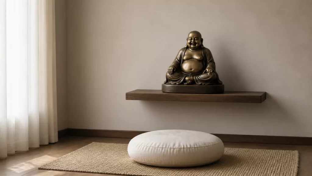 Tượng Di Lặc trên kệ riêng tại góc thiền yên tĩnh