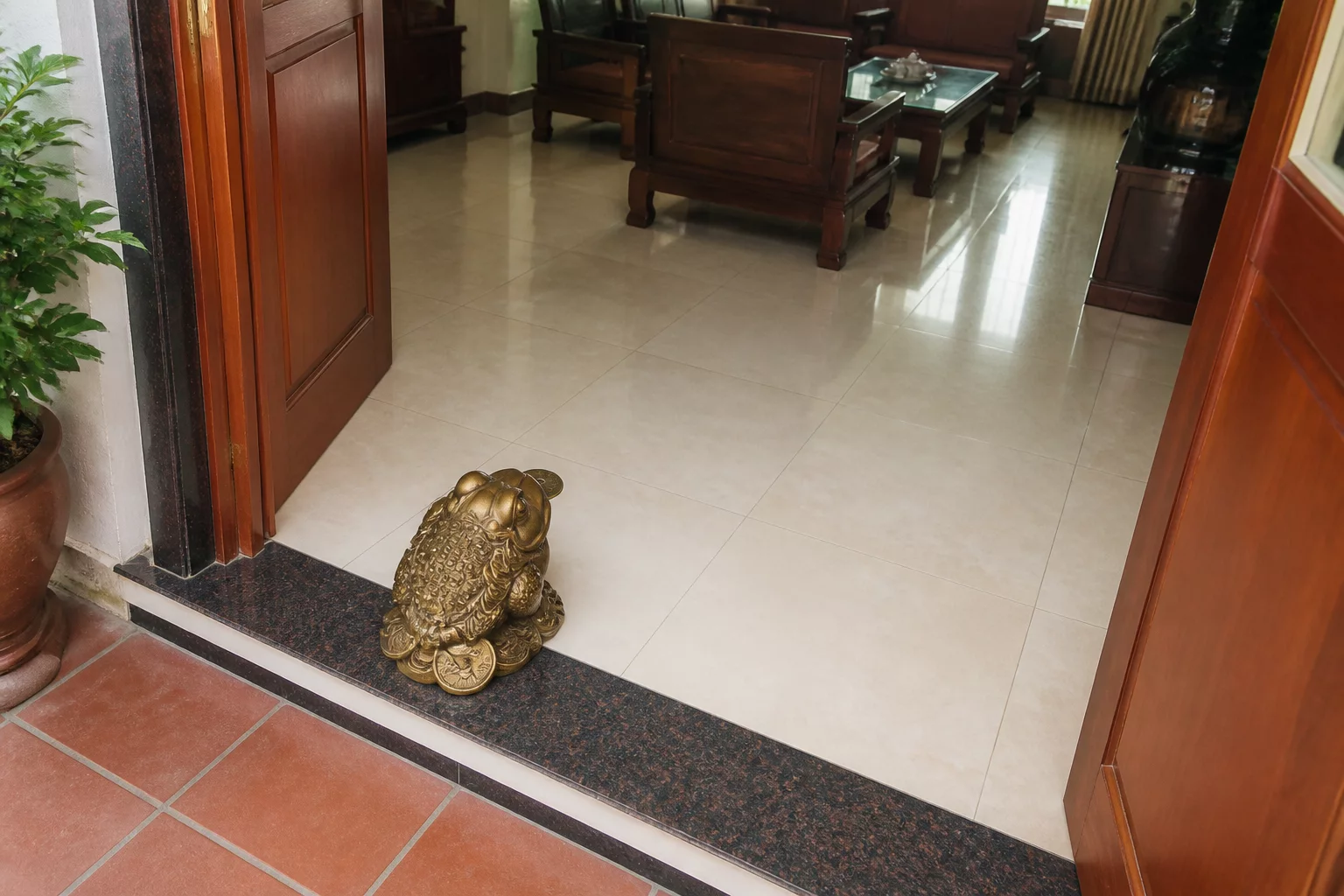 Cóc ngậm tiền đặt gần cửa và quay vào trong nhà