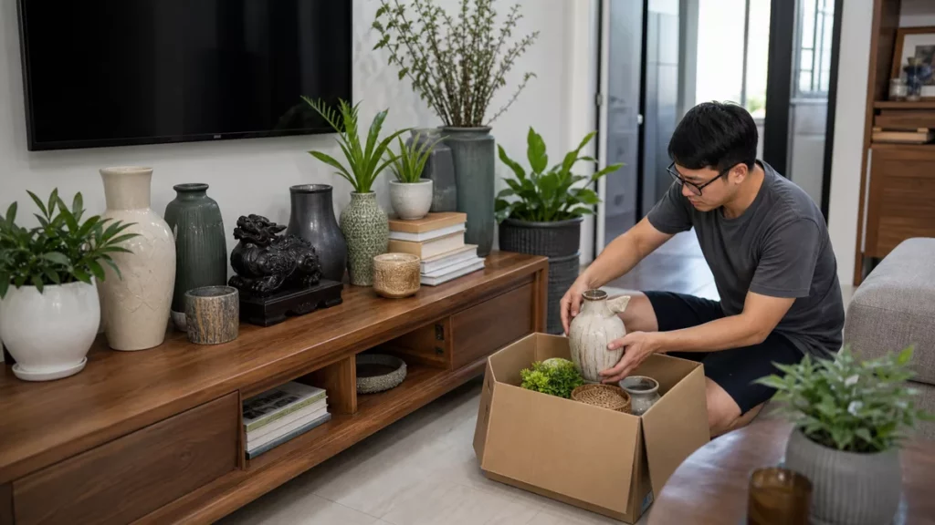 Người dọn bớt bình và cây khỏi tủ đang bày quá nhiều đồ quanh tượng Tỳ Hưu