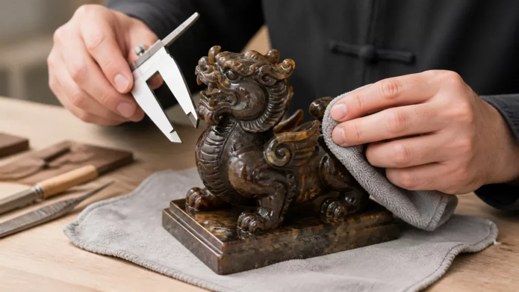 Người thợ kiểm tra đường nét, bề mặt và chân đế của tượng Tỳ Hưu đá