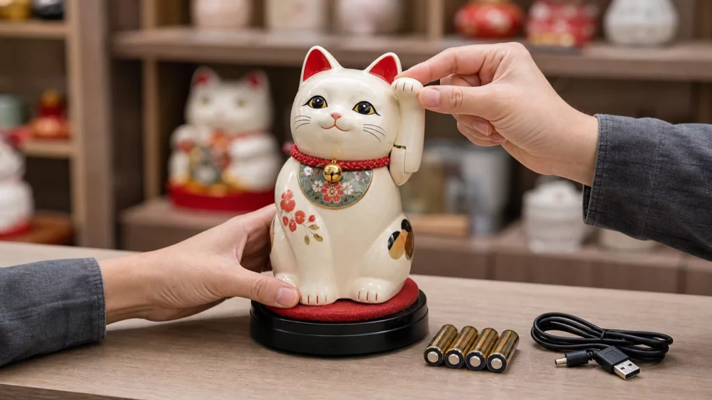 Người kiểm tra khớp tay Mèo Thần Tài cùng pin và dây nguồn USB