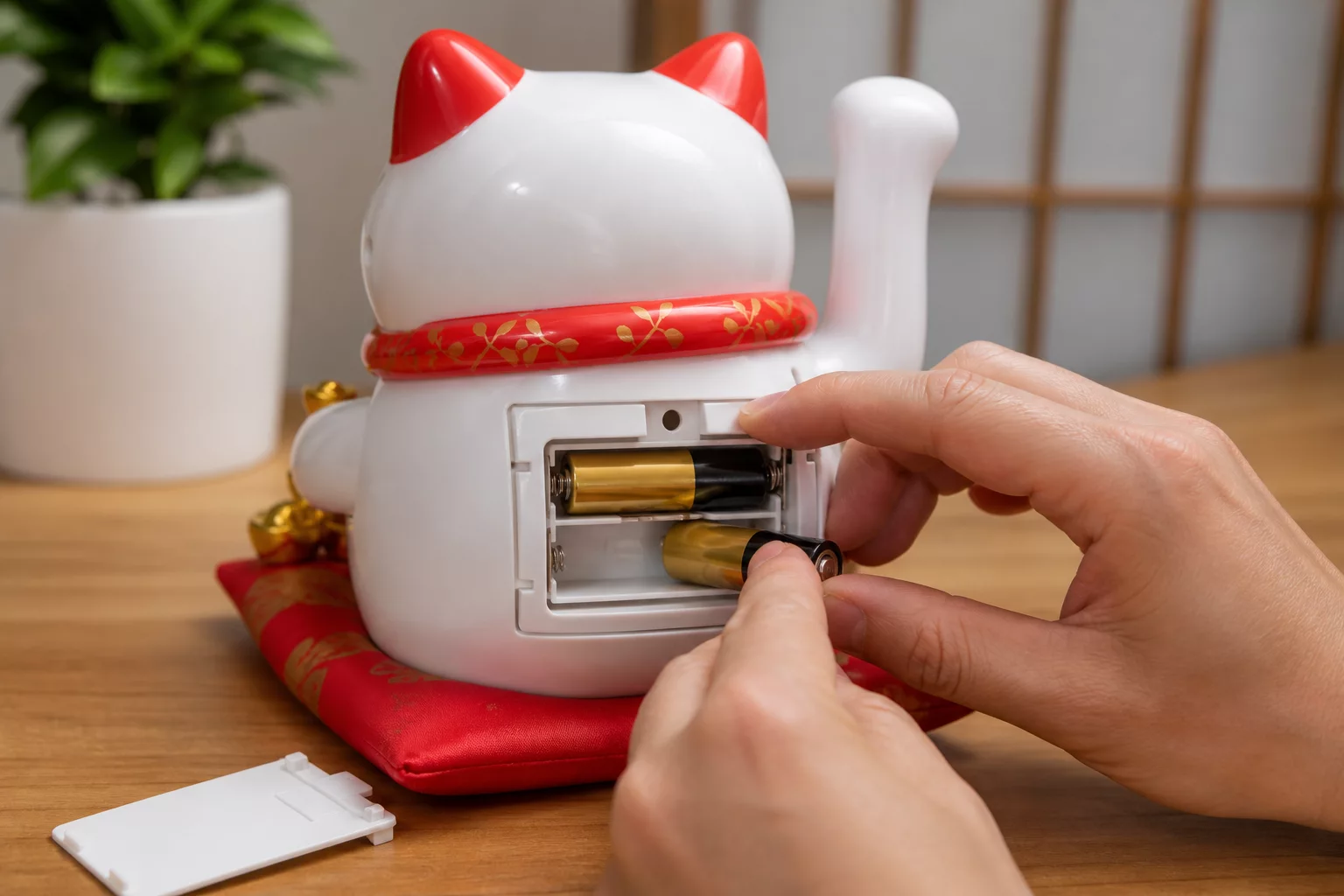 Lắp pin cho mèo thần tài vẫy tay
