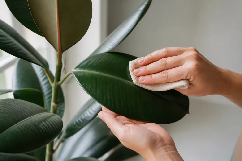 Lau mặt lá bằng khăn ẩm đồng thời quan sát thân và nách lá