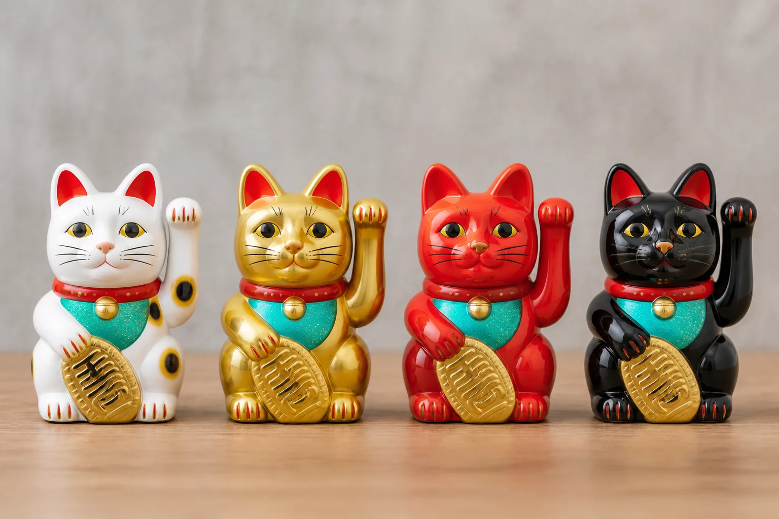 Mèo thần tài màu trắng vàng đỏ và đen