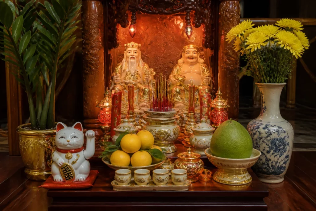 Mèo thần tài bên bàn thờ Ông Địa Thần Tài
