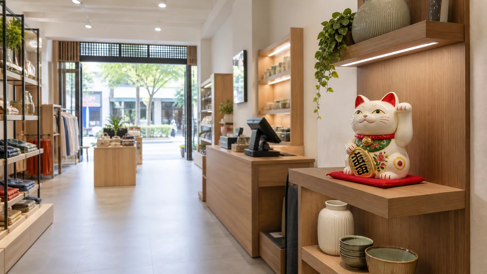 Mèo Thần Tài trên kệ riêng cạnh quầy và nhìn thấy từ lối vào cửa hàng