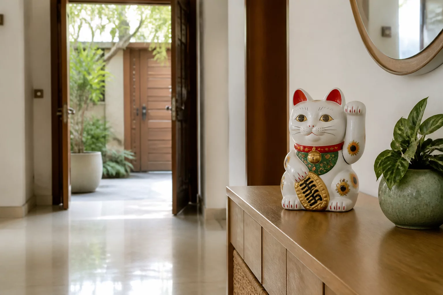 Mèo thần tài đặt trên tủ gần cửa ra vào
