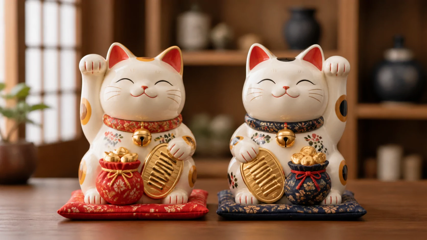 Hai tượng Mèo Thần Tài đặt cạnh nhau để so sánh bên tay được giơ lên