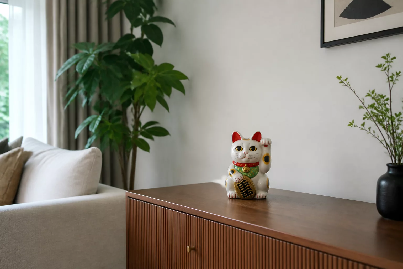 Mèo thần tài trên kệ phòng khách