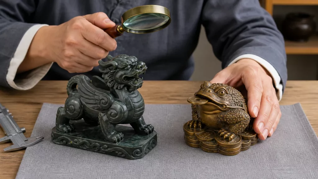 Người kiểm tra chi tiết tượng Tỳ Hưu đá và Thiềm Thừ đồng bằng kính lúp