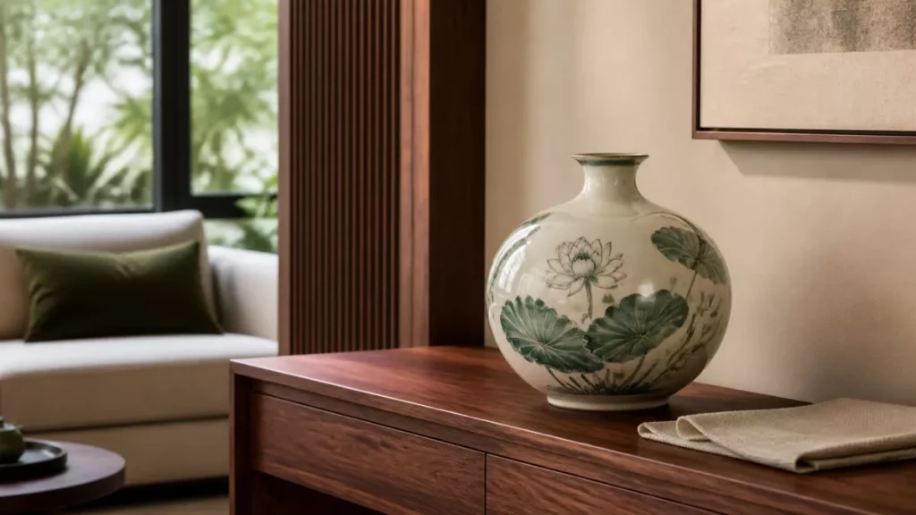 Bình hút lộc màu kem xanh phối cùng tủ gỗ và nội thất trung tính