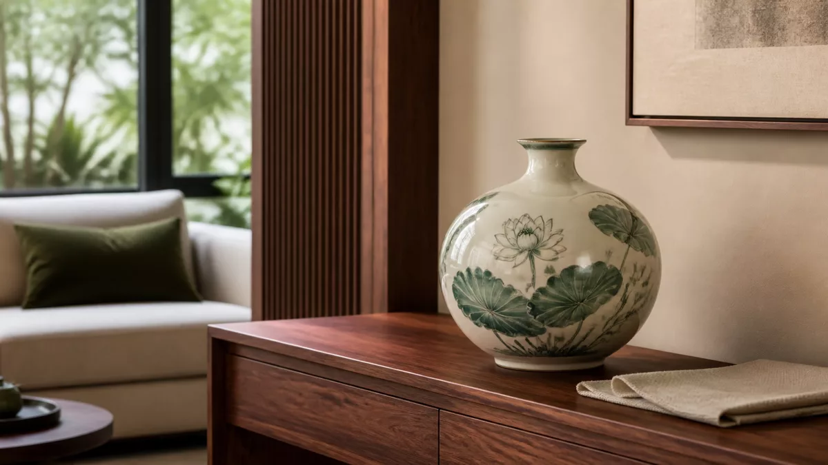 Bình hút lộc màu kem xanh phối cùng tủ gỗ và nội thất trung tính