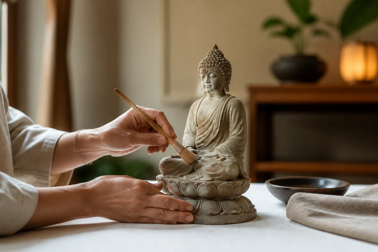 Bàn tay dùng chổi mềm làm sạch tượng Phật trên khăn lót