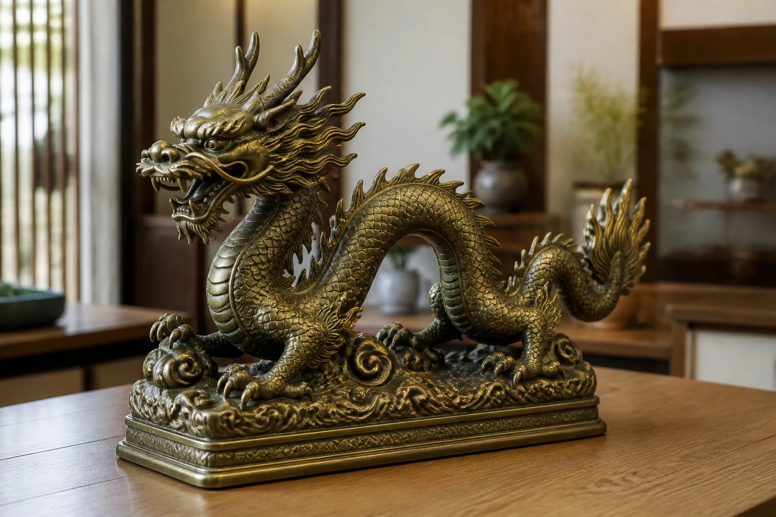 Tượng Rồng bằng đồng nhìn rõ đầu thân vảy và chân đế