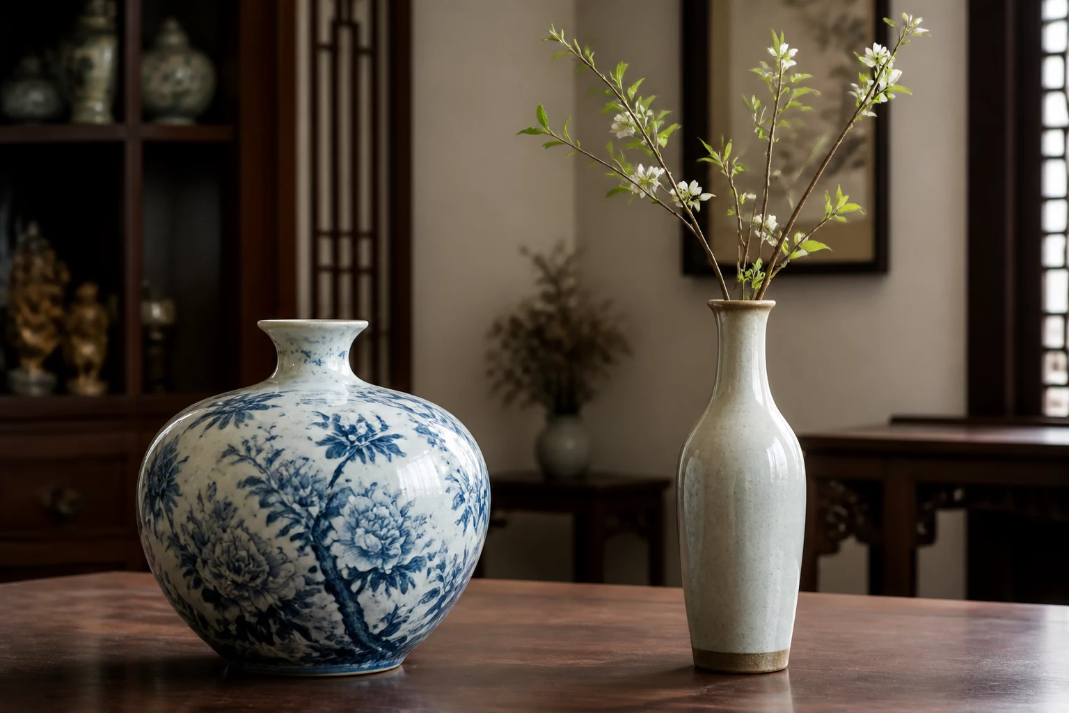 Bình hút lộc thân tròn đặt cạnh bình hoa dáng cao