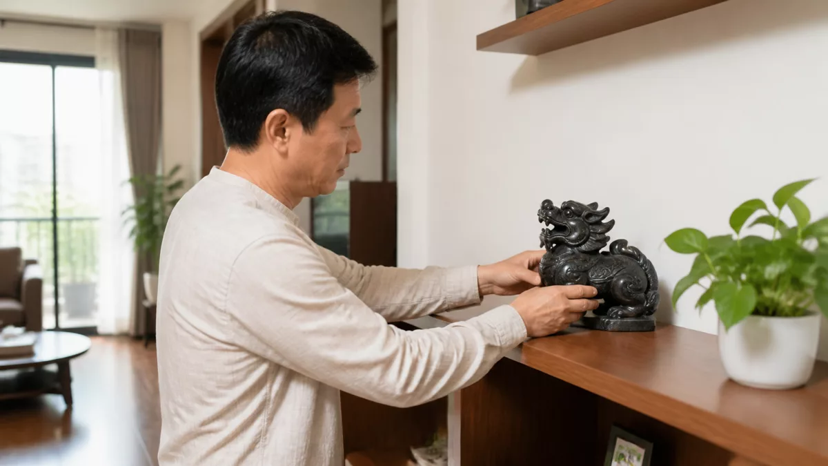 Người đưa tượng Tỳ Hưu từ mép kệ vào vị trí chắc chắn phía trong