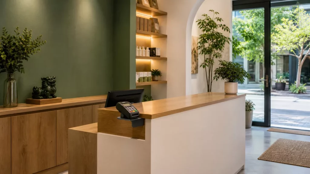 Tượng Tỳ Hưu đá đặt trên kệ sau quầy tiếp khách, không chiếm vùng thanh toán