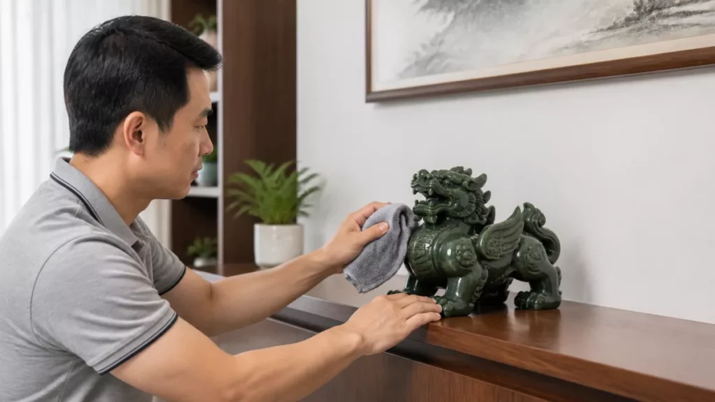 Người dùng khăn mềm lau tượng Tỳ Hưu đá và kiểm tra chân đế trên tủ gỗ
