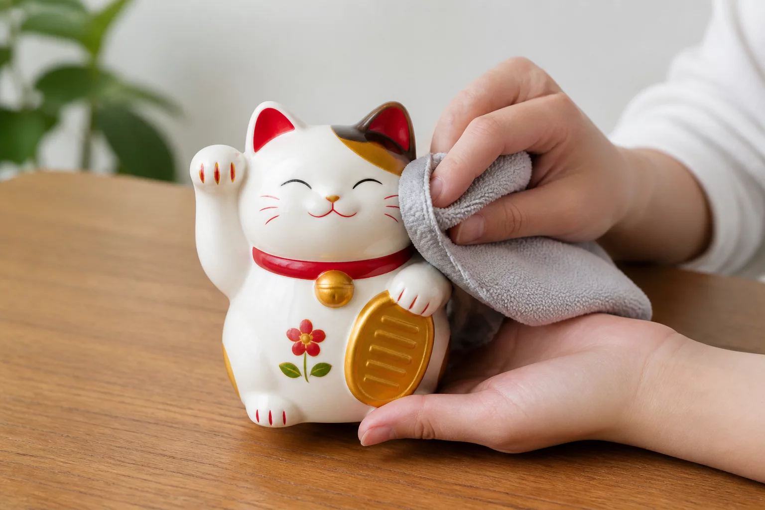 Lau mèo thần tài bằng khăn mềm