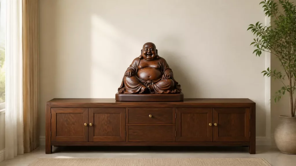 Tượng Phật Di Lặc đặt vững và lùi khỏi mép trên tủ rộng