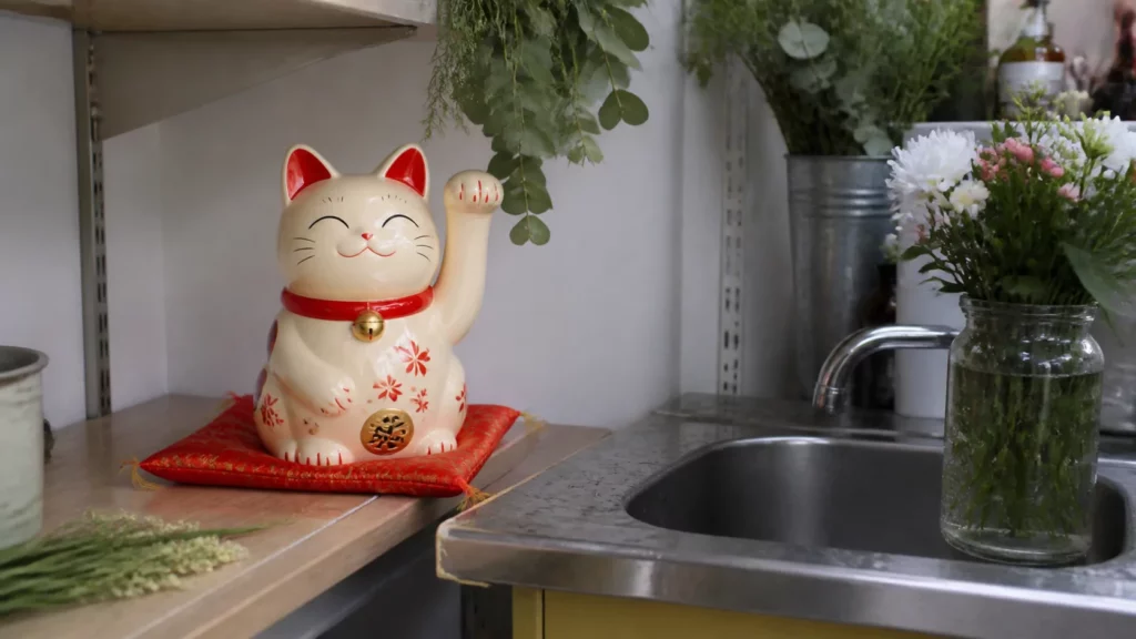 Mèo Thần Tài đặt sát mép kệ gần bồn nước và tán lá vướng tay vẫy