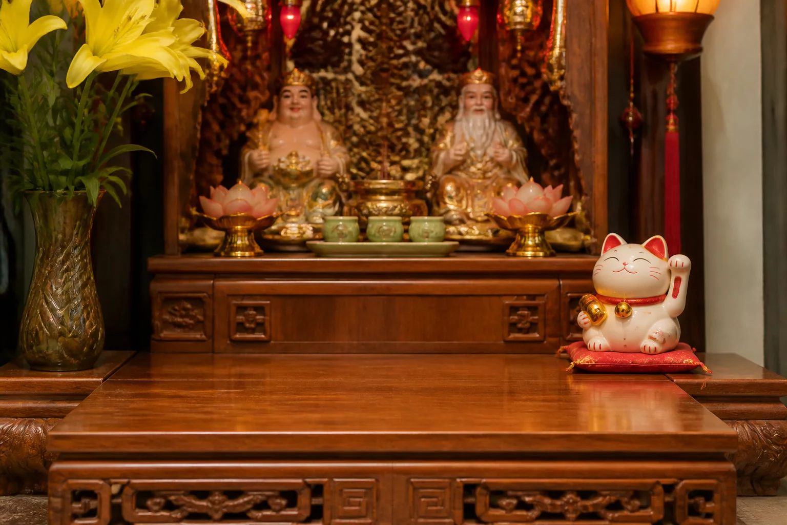 Vị trí mèo thần tài bên phải bàn thờ