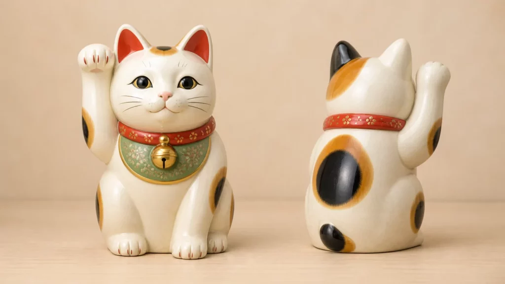 Tượng Mèo Thần Tài được quan sát từ phía trước và phía sau để xác định đúng bên tay