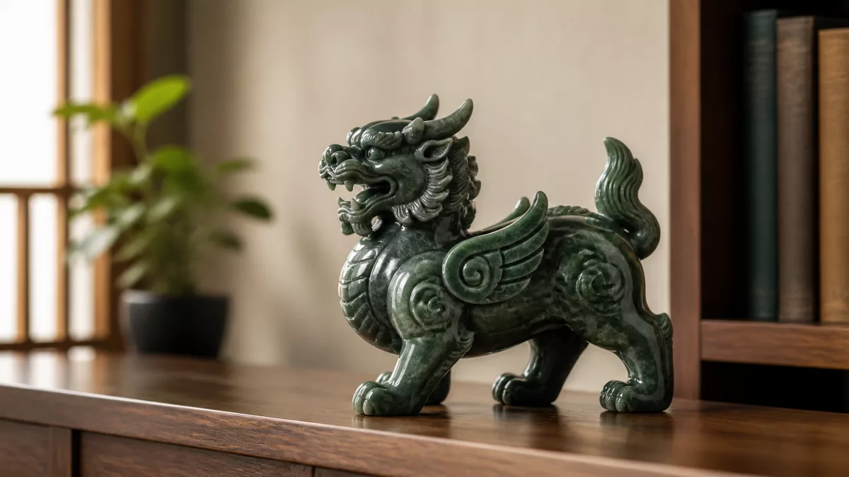 Tượng Tỳ Hưu đá xanh đậm trưng bày trên kệ gỗ trong phòng làm việc