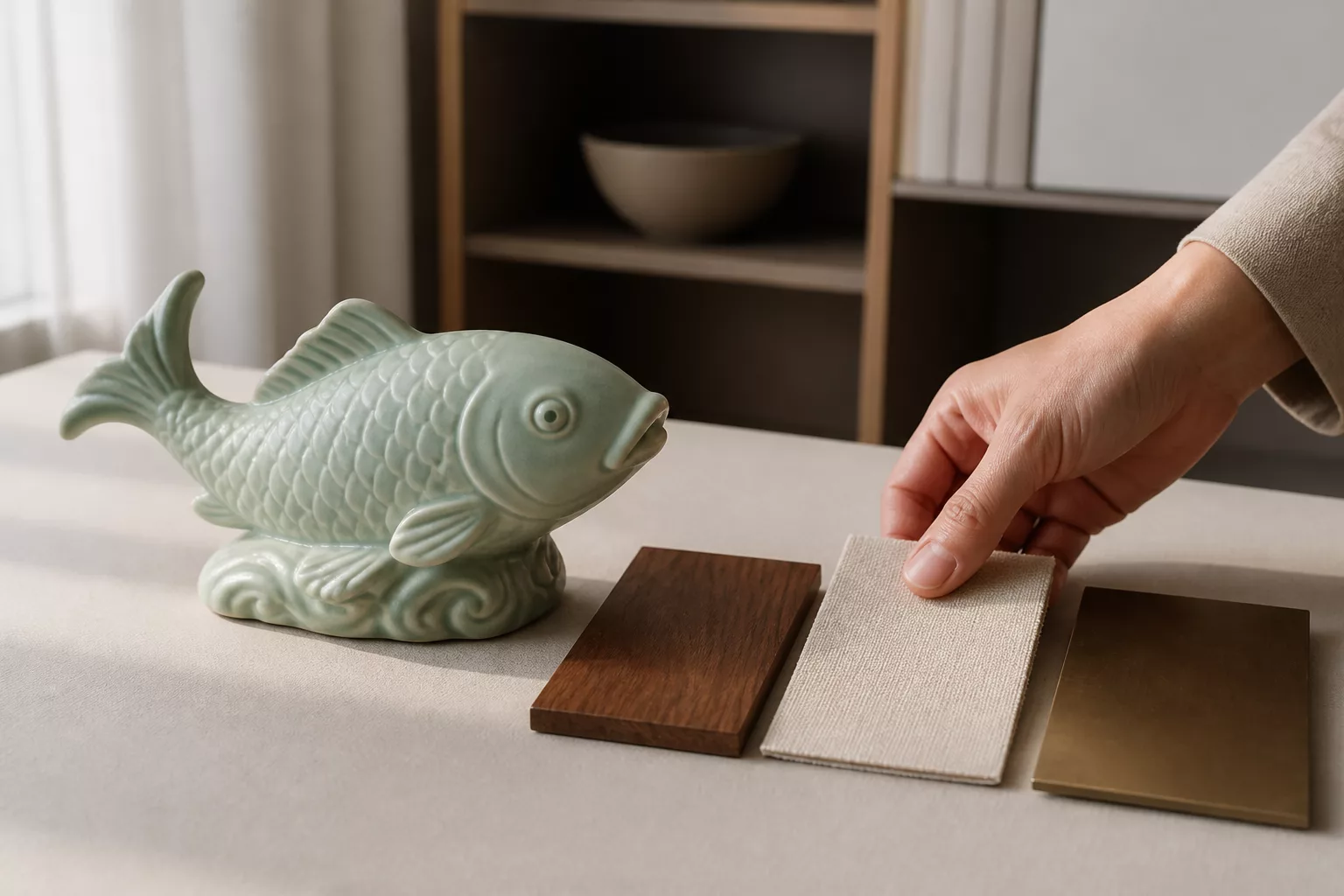 Phối vật phẩm phong thủy với mẫu gỗ vải và kim loại