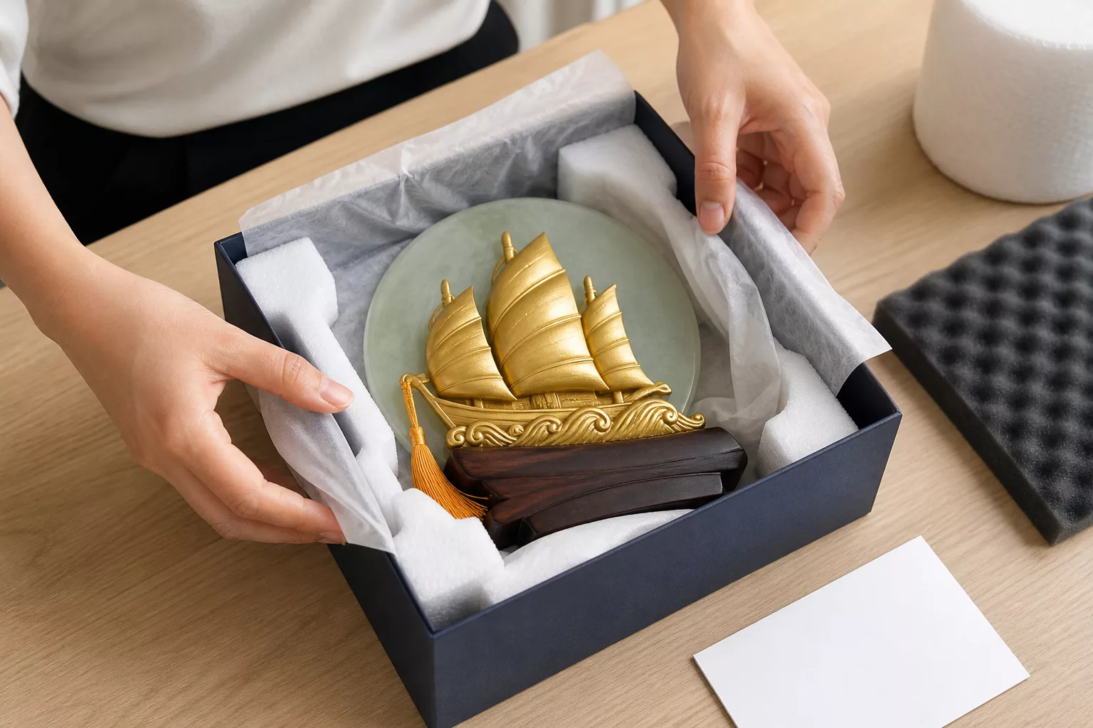 Đóng gói tượng Thuyền buồm Đĩa Ngọc bằng mút bảo vệ