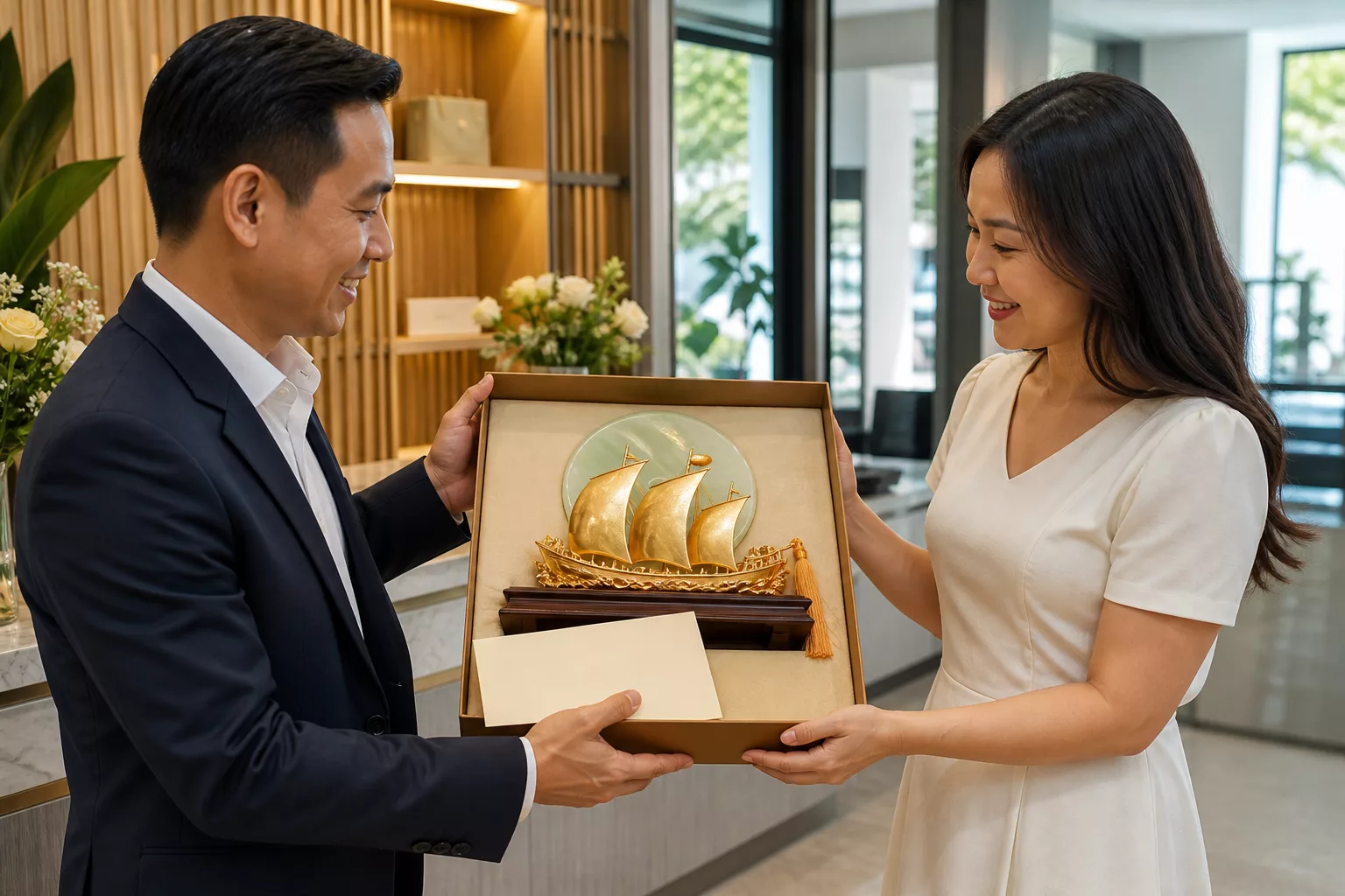 Trao tượng Thuyền buồm Đĩa Ngọc làm quà khai trương