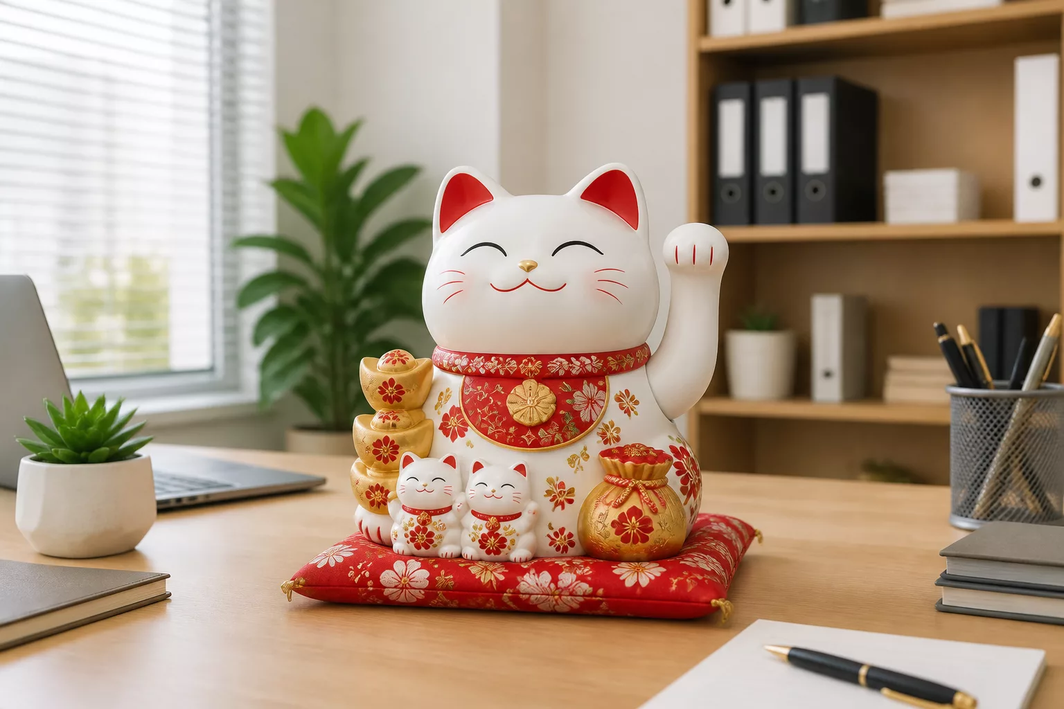 Mèo Thần Tài vẫy tay đặt trên bàn làm việc