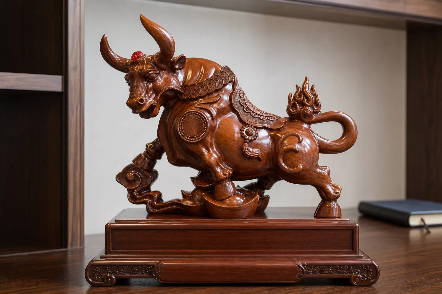 Tượng Trâu giả gỗ gợi lời chúc bền bỉ và vững vàng