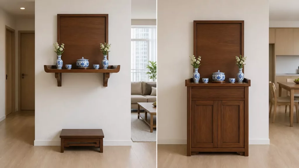 Bàn thờ treo gắn tường và tủ thờ đứng được đặt cạnh nhau để so sánh