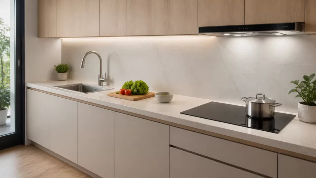 Bếp và chậu rửa có vùng sơ chế rộng ở giữa