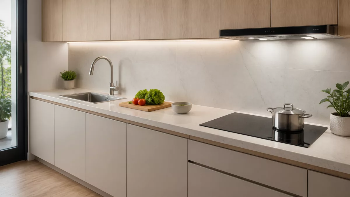 Bếp và chậu rửa có vùng sơ chế rộng ở giữa