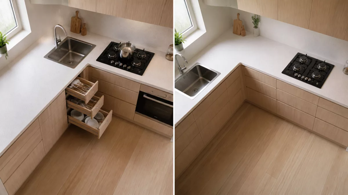 So sánh góc bếp chữ L bố trí chậu rửa và bếp nấu