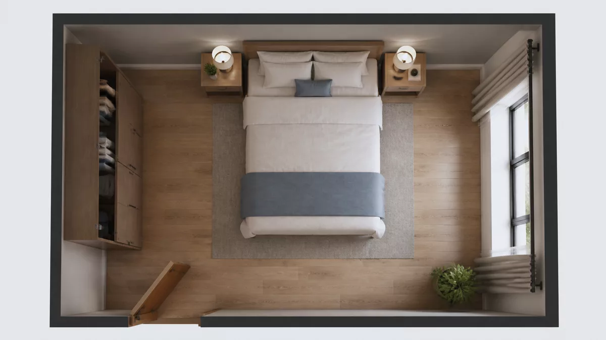 Mặt bằng giường tựa tường kín với lối đi ba phía và cửa lệch trục