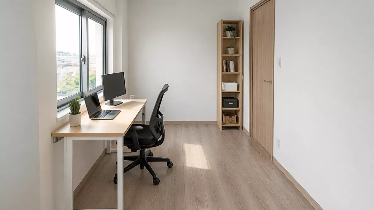 Phòng làm việc nhỏ có bàn cạnh cửa sổ kệ hẹp và lối đi rộng