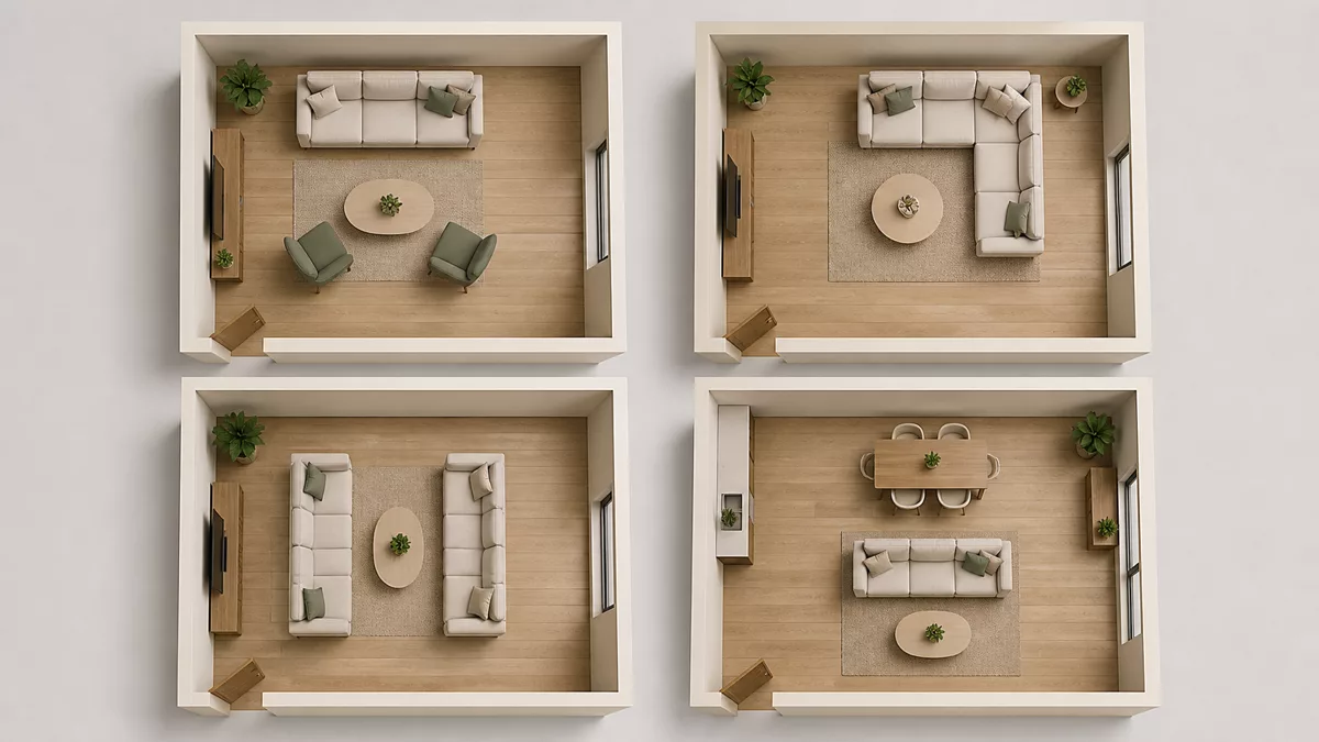Bốn mặt bằng sofa thẳng chữ L hai sofa đối diện và sofa phân vùng
