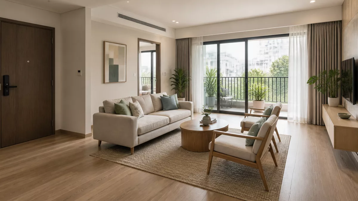 Sofa và ghế tạo khu trò chuyện với lối đi rộng từ cửa ra ban công