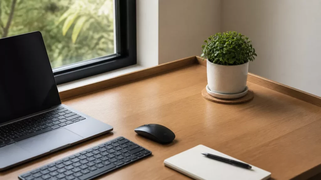 Cây tán gọn trong góc bàn ngoài vùng laptop chuột và sổ