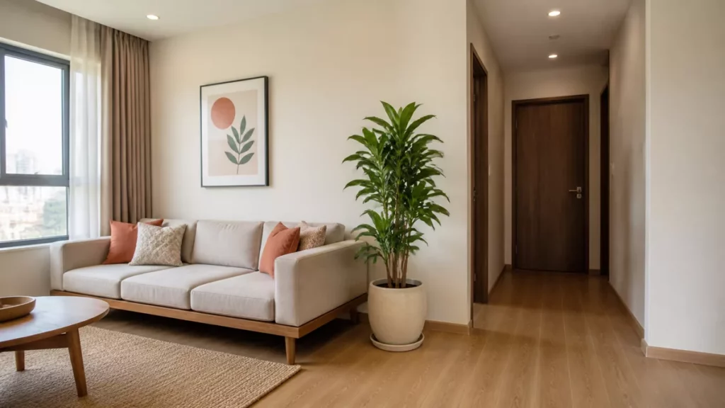 Một cây sàn tán gọn đặt cạnh sofa và ngoài lối đi